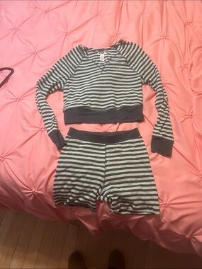PINK Victoria's Secret Green and gold Striped Pajama Set